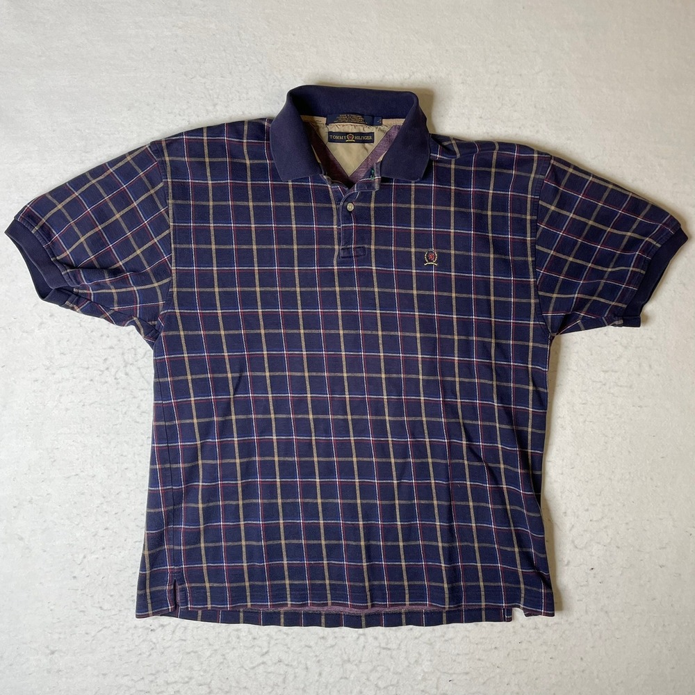 Vintage Tommy Hilfiger Plaid Polo Shirt Mens Large Blue Tan Red‎ Short Button Up